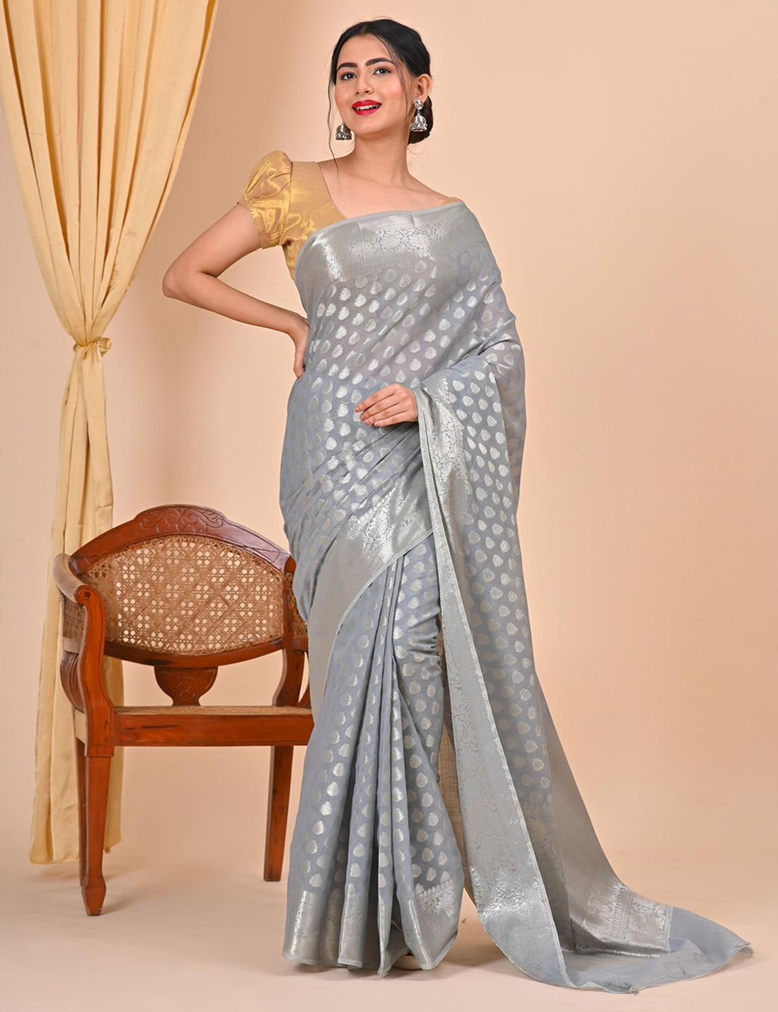 Women Office Wear Banarasi Saree - Floral Design Grey