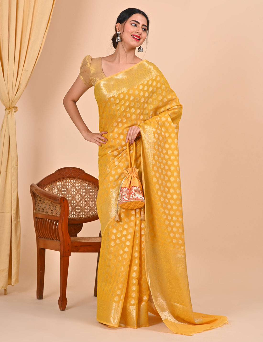 Women Office Wear Banarasi Saree - Floral Design Yellow